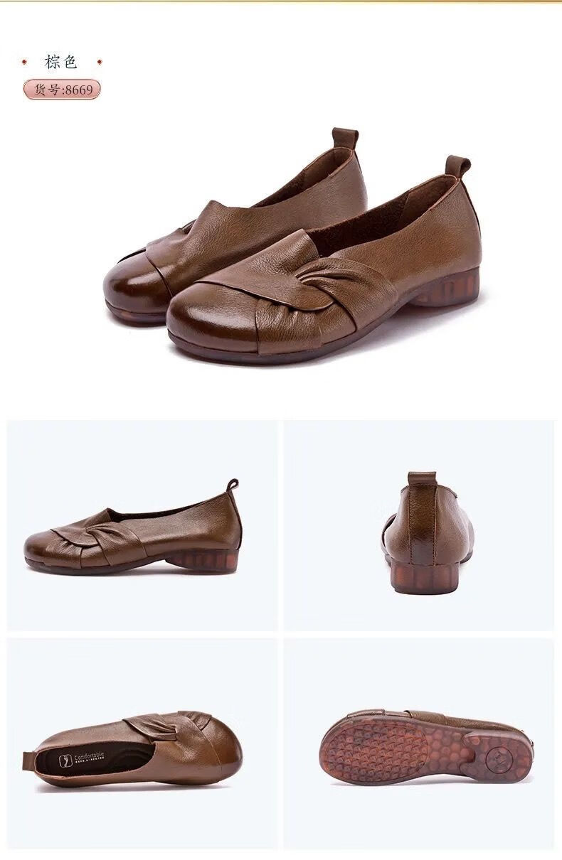 老年人运动鞋女软皮单鞋女平底复古秋舒适休闲牛筋底中年妈妈鞋黑色35