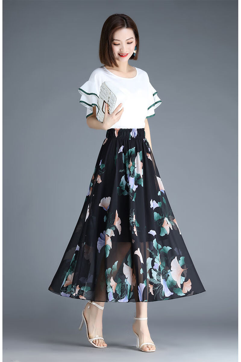 雪纺半身裙中长款女夏韩版复古印花跳舞仙女裙高腰沙滩长裙女花色1