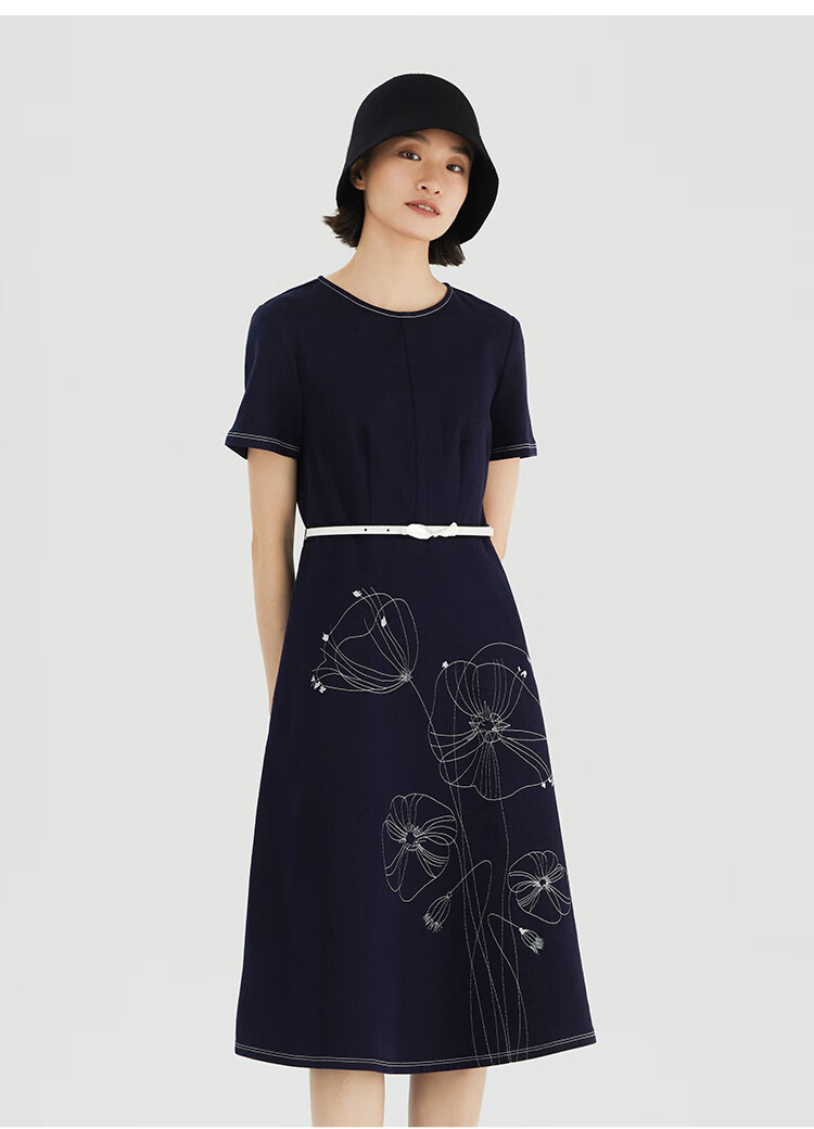 eachway艺之卉夏季连衣裙新品波光深蓝色长绒棉抓绒牛仔优雅休闲收腰