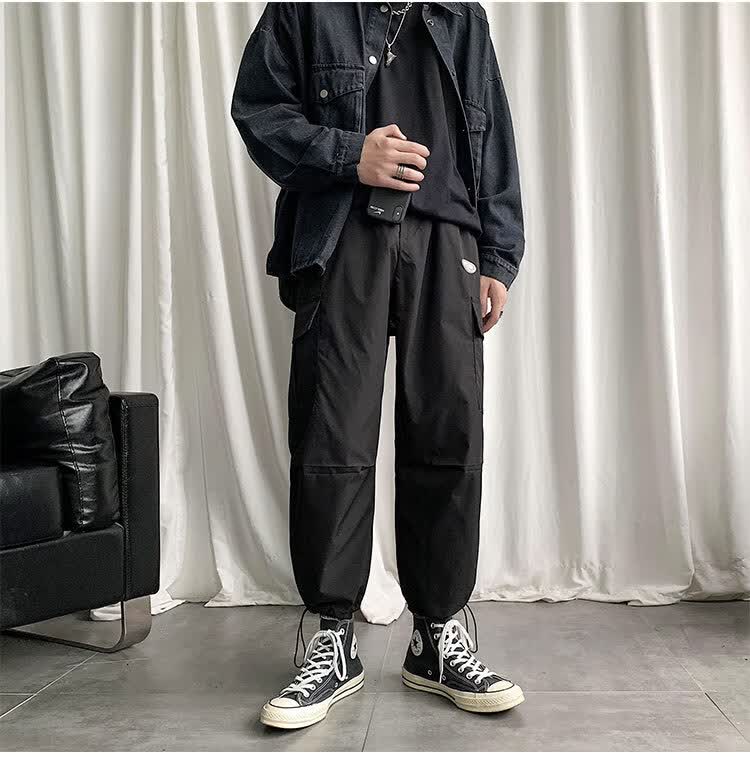 工装裤男束脚9分百搭潮流宽松潮牌裤子休闲ins火痞帅抽绳八分裤黑色m