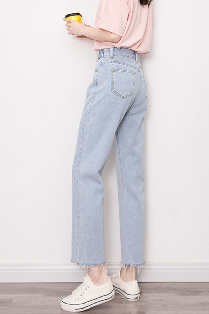 冰丝牛仔裤女夏天宽松夏季小个子学生高腰显瘦宽松阔腿毛边牛仔裤女浅