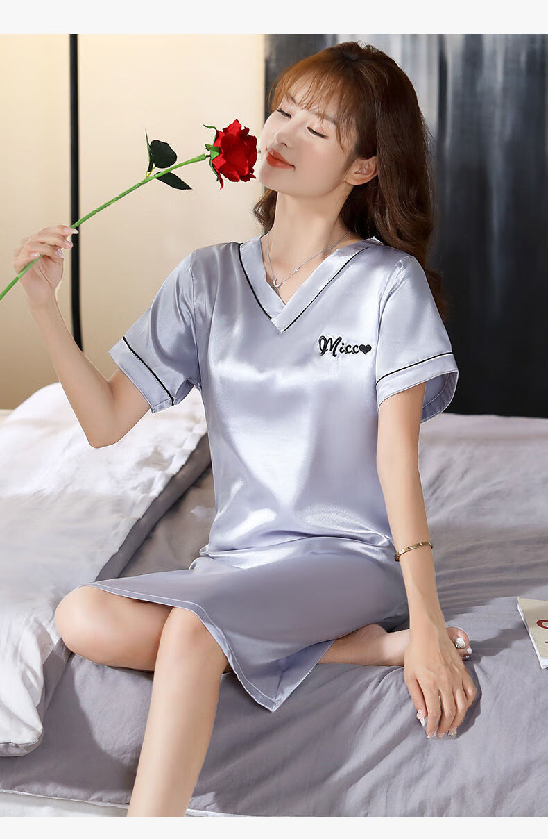 冰丝睡裙女夏季女士可外穿学生性感仿绸大码短袖女休闲睡衣裙021随机