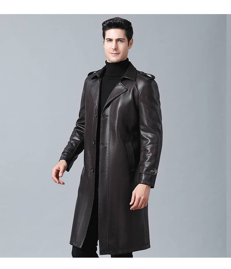 男皮夹克皮毛一体加绒加厚皮风衣长款过膝皮大衣大码外套9022棕色中长
