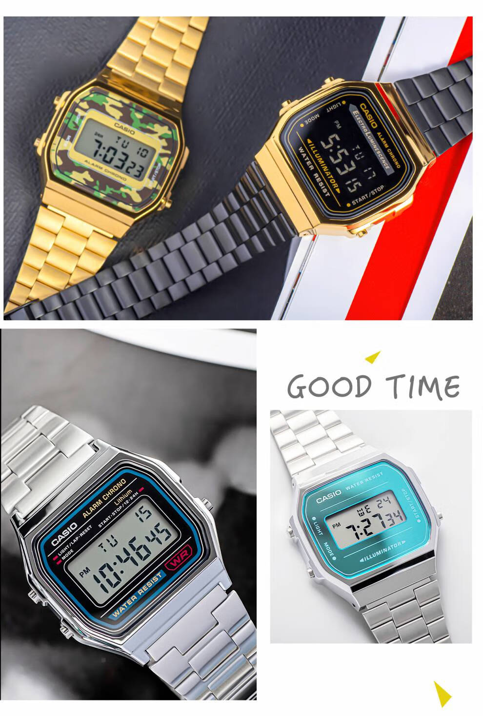 卡西欧(casio)小方表 a158wa a168手表男女复古经典小银表 a168wgg-1b