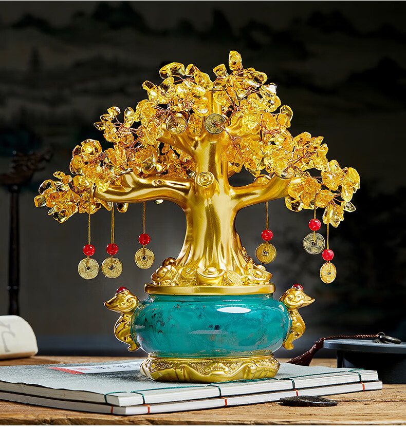 黄水晶树酒柜装饰品摆件进宝家居客厅聚宝盆树摇钱树摆件 特小号财源