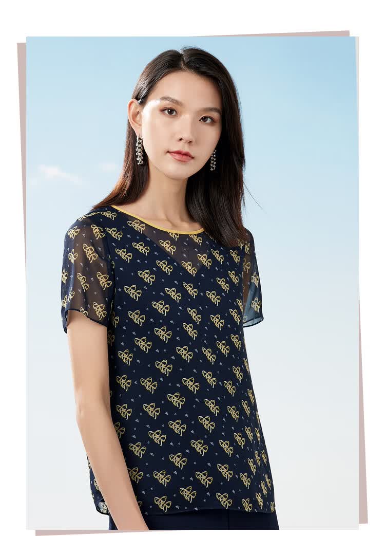 naersi娜尔思规则印花雪纺衫女夏新款修身轻薄气质短袖上衣暗青紫色3