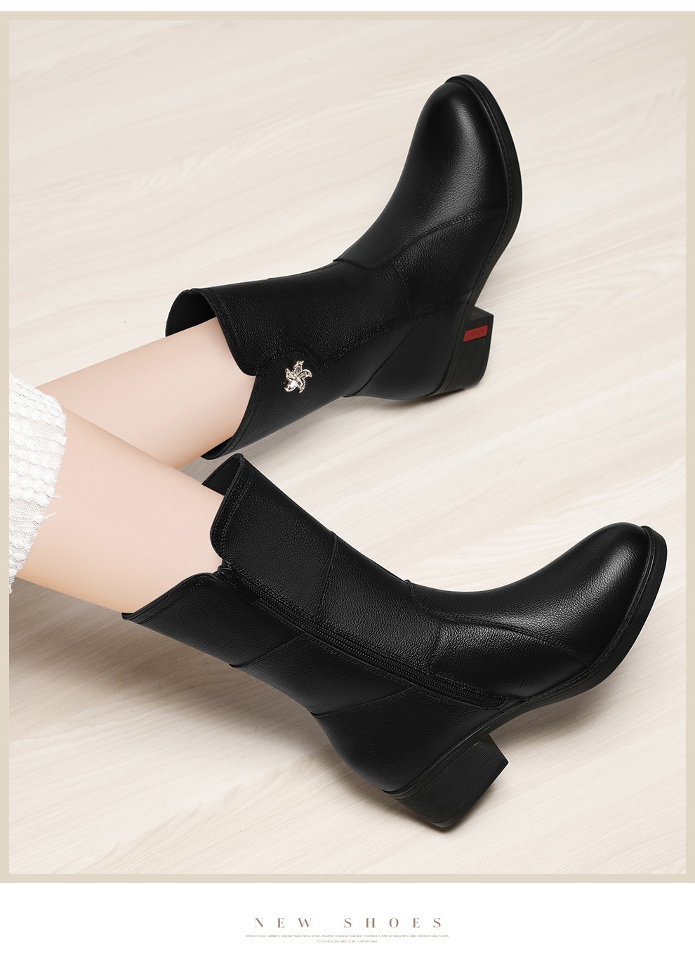 中筒靴女2021秋冬季新款女鞋子冬鞋粗跟中跟马丁靴女士平底皮靴加绒棉