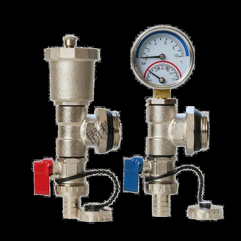 分集水器末端地暖分水器全铜三尾件1寸自动排气阀带压力表排水阀 配温