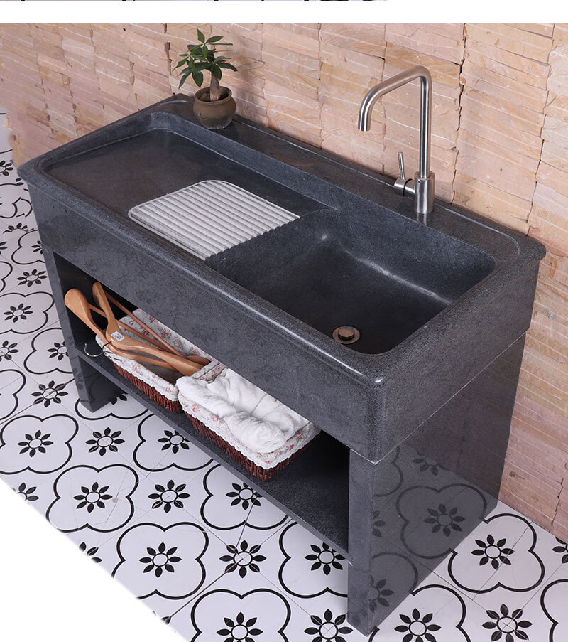 石材一体式洗衣台大理石阳台洗衣池整石头带搓衣板户外洗手盆水槽黑色