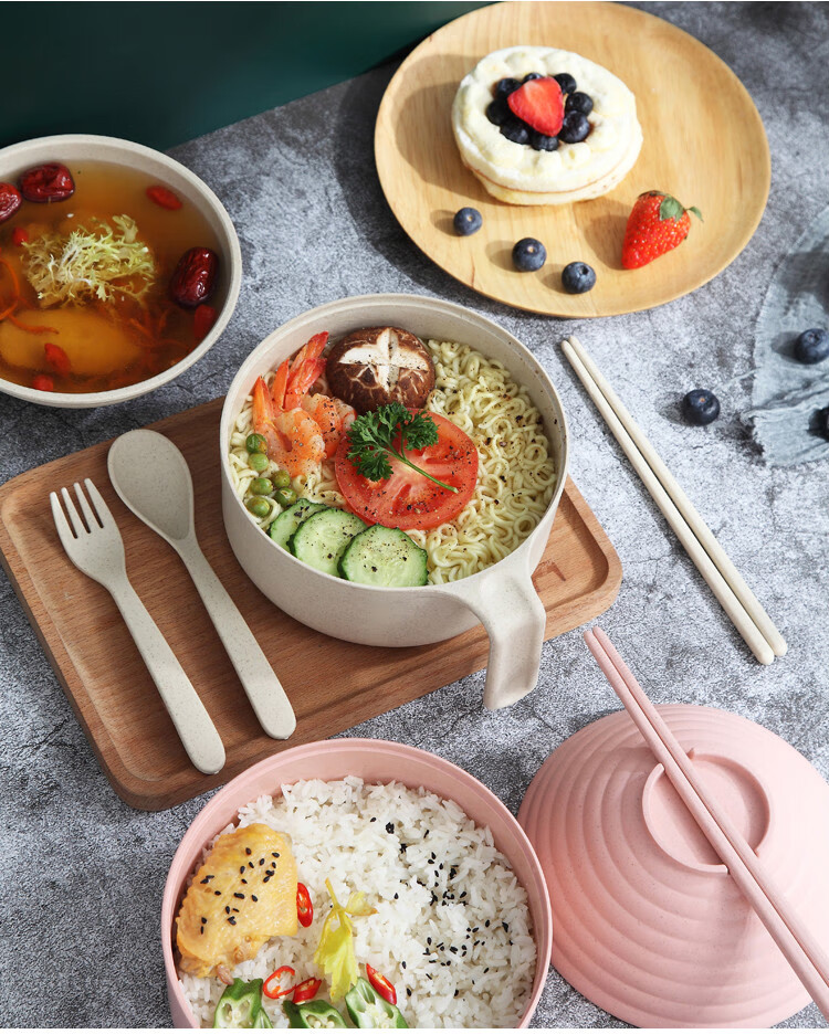 雅诺居 麦片碗泡面碗带盖小麦秸秆餐具碗筷套装饭盒学生食堂碗餐盒