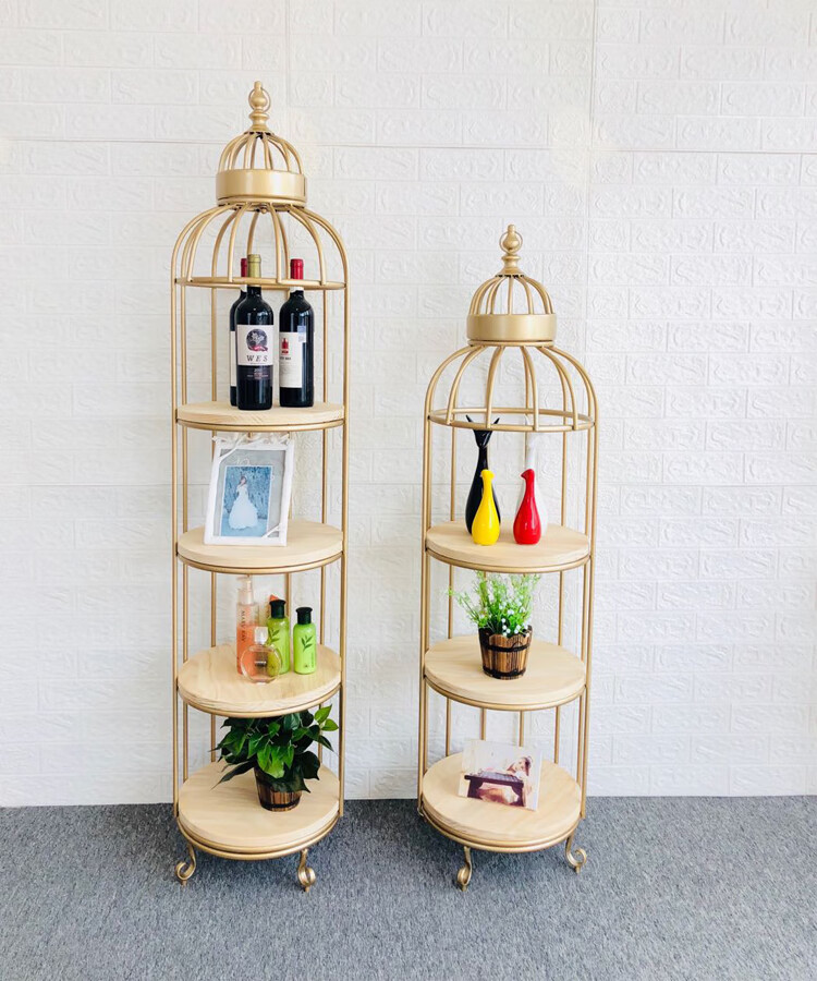 彩 欧式花架鸟笼置物架落地复古铁艺置物架展示架陈列架金色创意架子