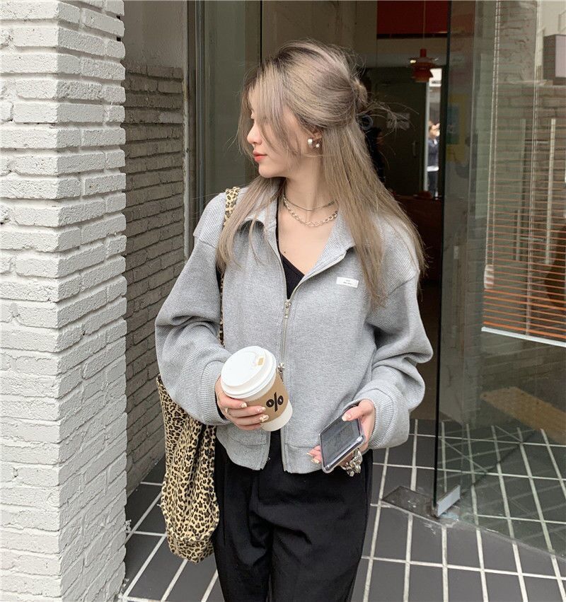 秋季韩版潮学生原宿风慵懒辣妹上衣宽松ins针织衫短款双拉链外套黑色