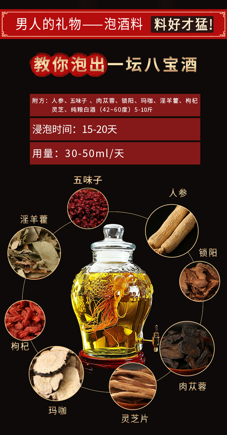 味小府泡酒男用配方男性专用滋补养生吉林鹿茸玛卡人参锁阳泡酒材料