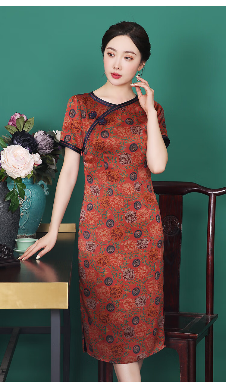 欧迪鸟品牌女装香云纱旗袍女2022年秋冬季新款中国风日常可穿圆领花扣