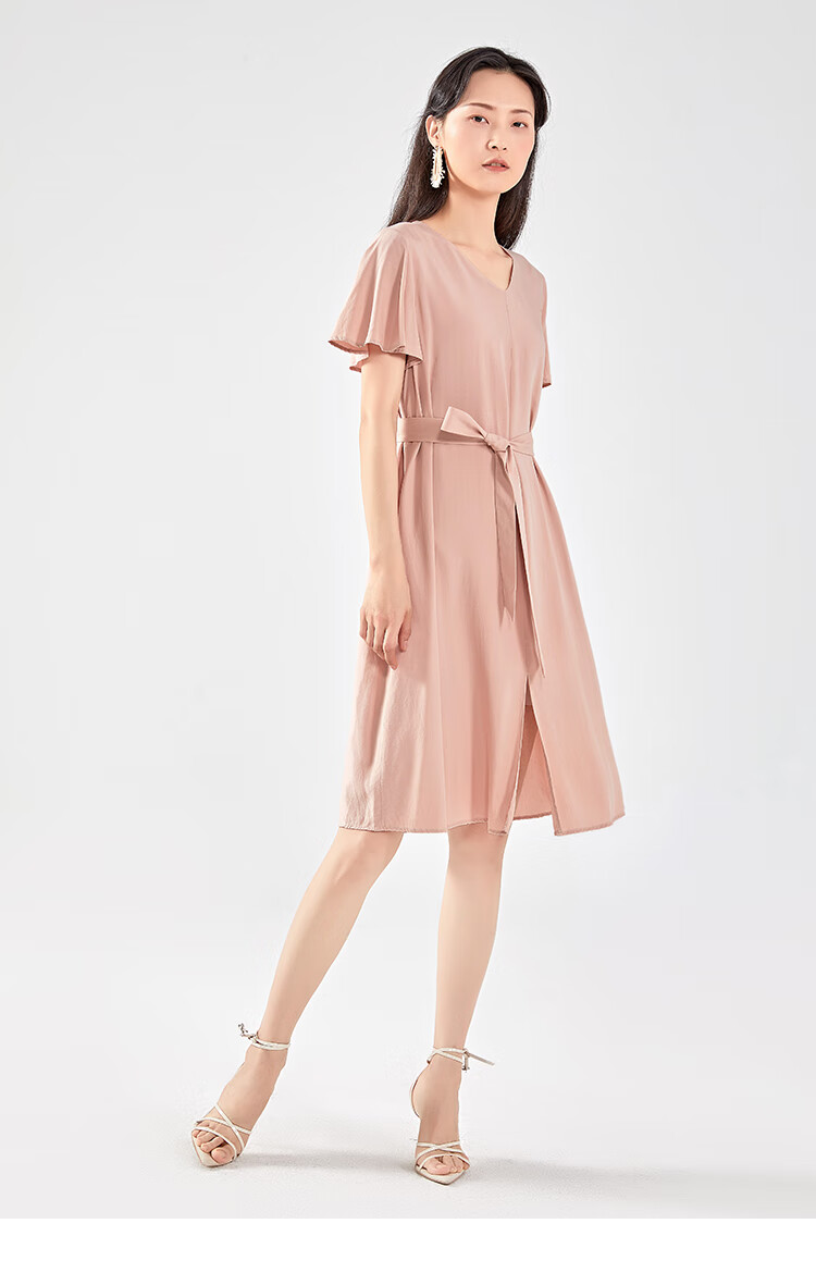 艾莱依2020年春夏新款v领系带连衣裙纯色衬衫式女长裙6019aa28304本