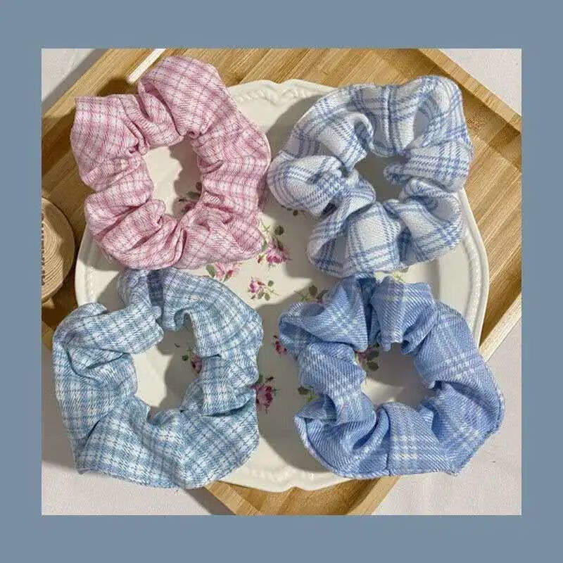 邦克大肠发圈格子jk套装 bm风温柔蓝白格子iu同款肥肠圈一套发绳可爱