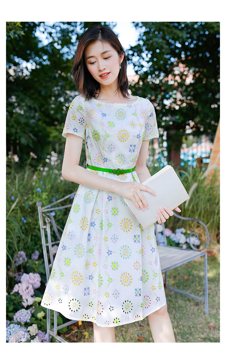 勿忘花纯棉绣花白色连衣裙女夏季新款减龄收腰小个子裙子 白色 xxl