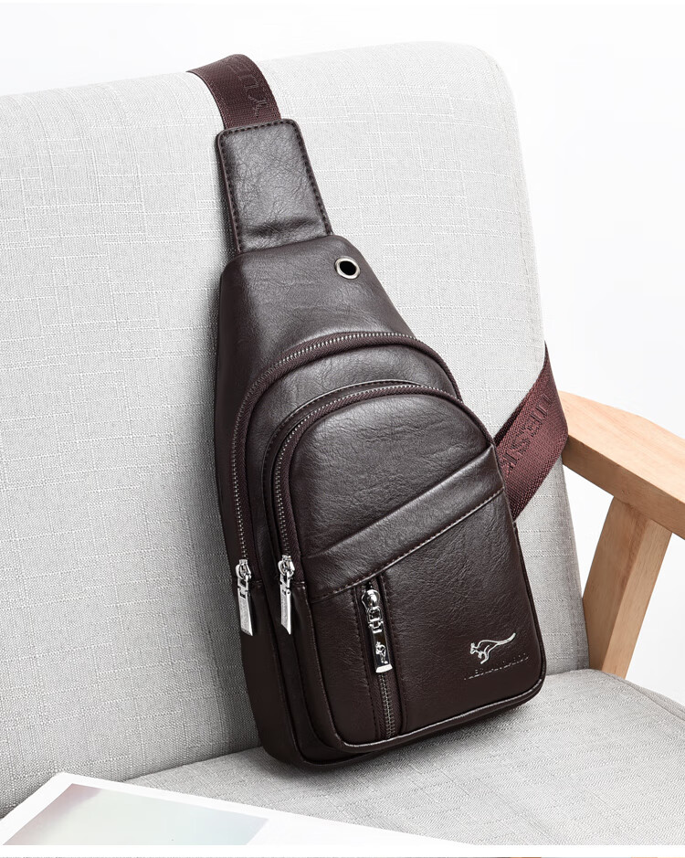 跃森袋鼠单肩男包胸包男真皮斜挎皮包斜肩包男士包包中年爸爸 黑色