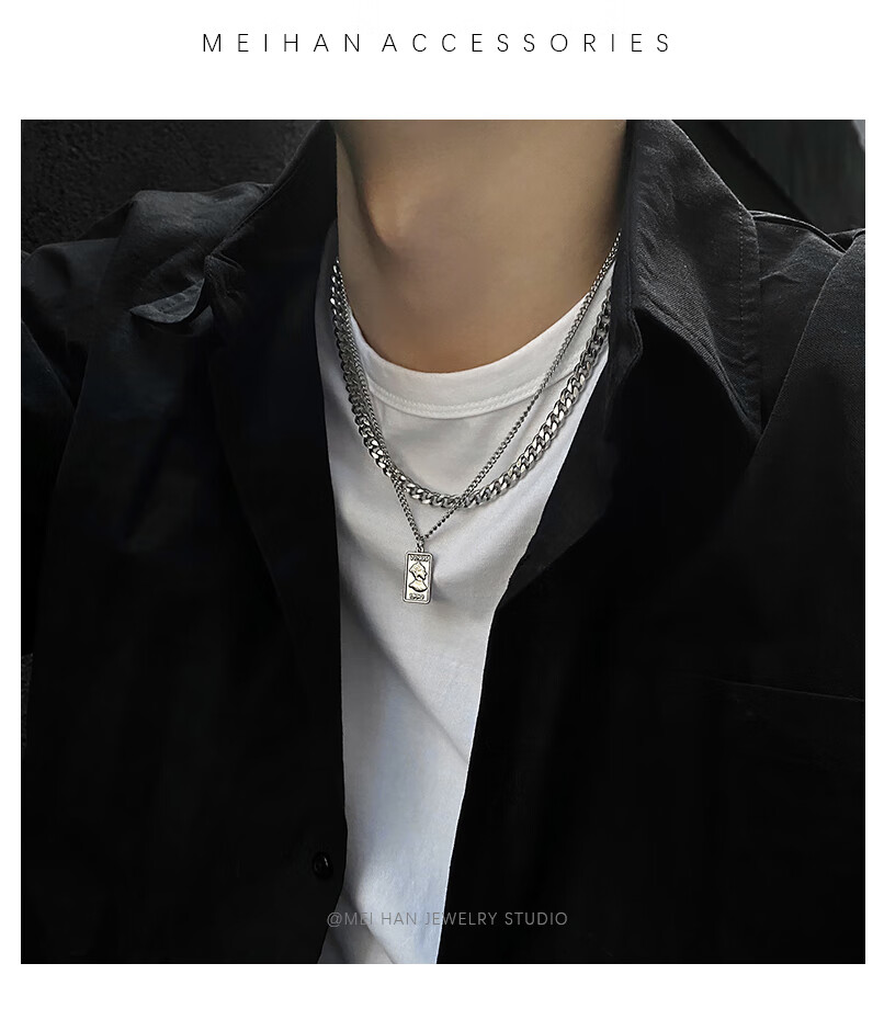 ck欧美金属复古人头像吊坠男女潮in冷淡风双层嘻哈项链情侣锁骨链k