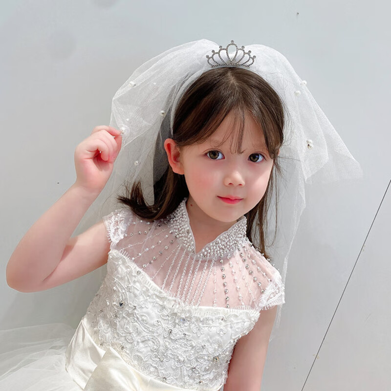 头纱儿童公主头纱皇冠白色小女孩发饰蝴蝶结婚纱拍照宝宝生日白色儿童