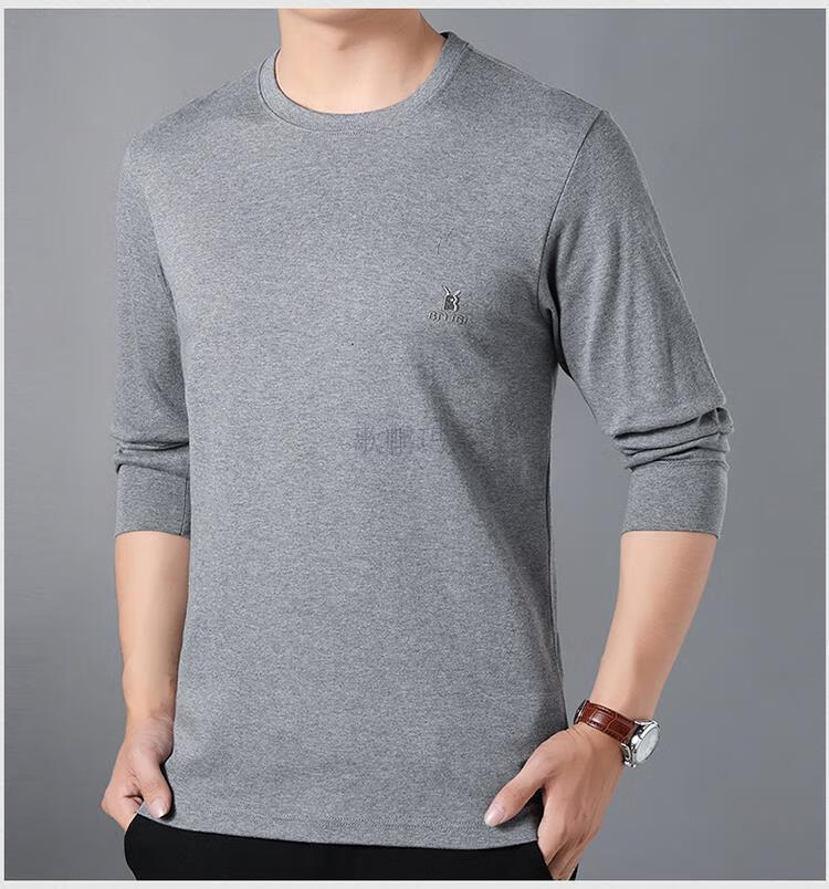 春秋装中老年人园领全棉t恤男士长袖汗衫纯色打底衫老头sn4992 墨绿色