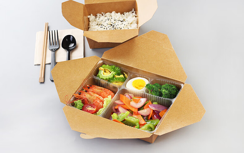 一次性牛皮纸餐盒塑料餐盒套盒外卖打包盒便当盒外盒 1号 2号 四格