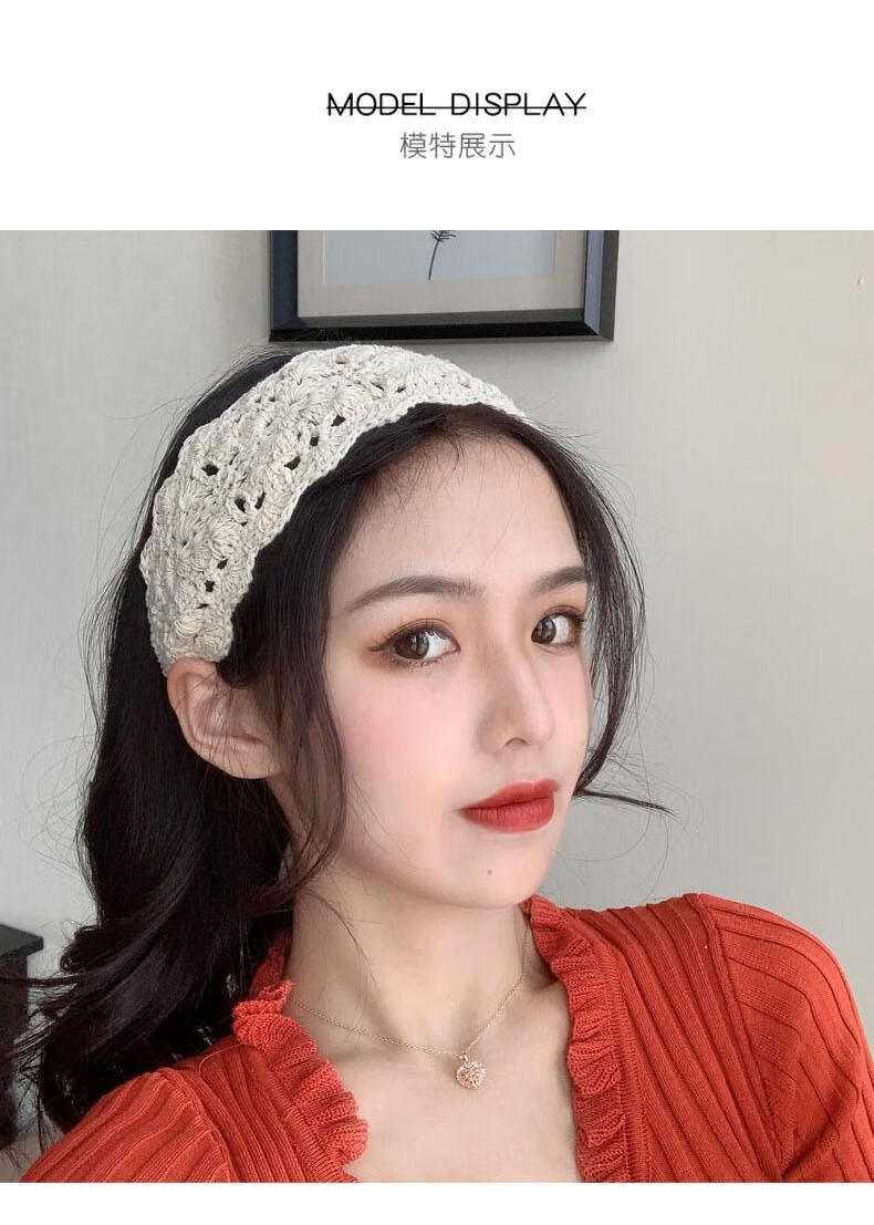 日系复古镂空手工钩花束发带休闲百搭外出宽边蕾丝发带女ins发带 米色