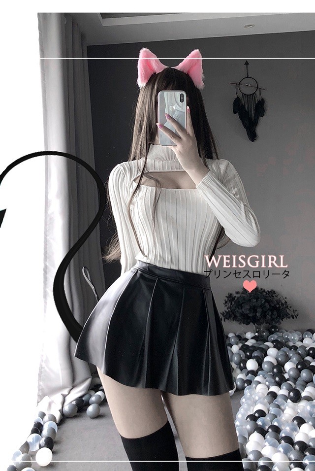 深v低胸针织皮裙套装 情趣诱惑套装 露胸激情针织毛衫短皮裙尤果制服