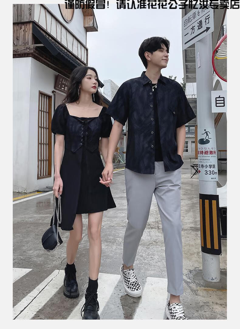 花花公子品牌高端男装暗黑情侣装2022小众设计感复古显瘦假两件连衣裙
