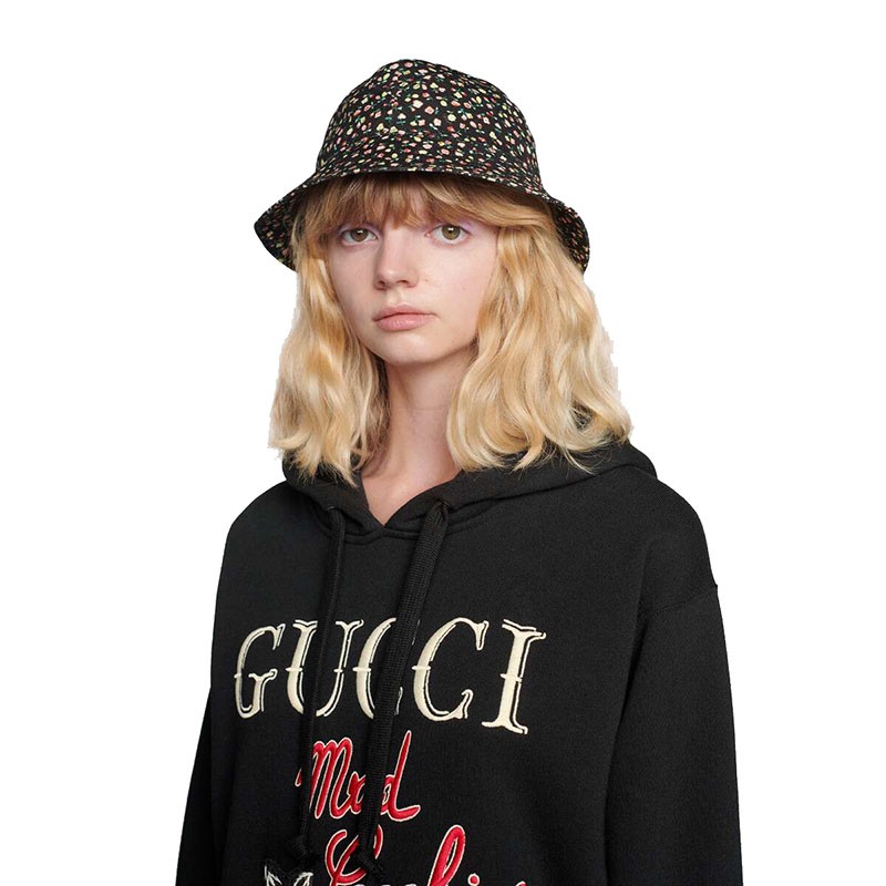 gucci古驰女士碎花帆布桶帽渔夫帽3hl151000深色预售xs