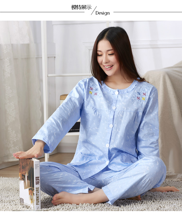 妈妈装夏季家居服春秋全棉布短袖睡衣女士夏天全棉妈妈套装中老年梭织