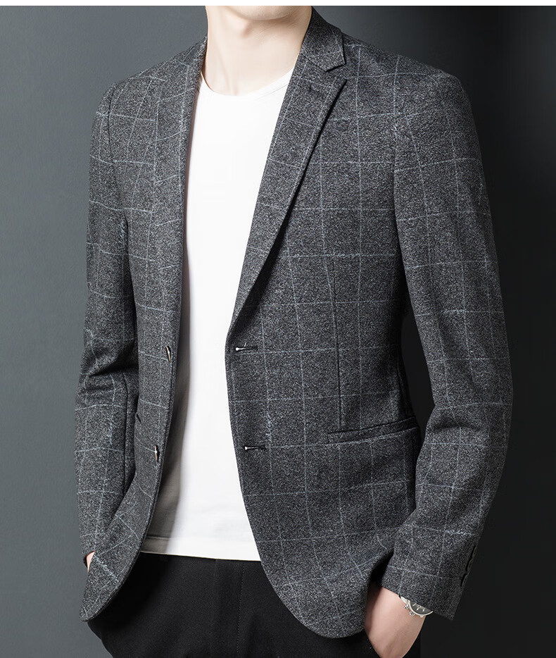 虎都男装2022秋西装男商务薄款格子小西服时尚韩版修身便服单西外套