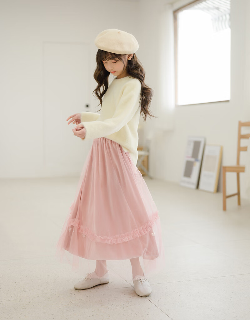 新品女童半身裙秋冬新款中大童公主裙子过膝长裙金丝绒儿童百褶裙超仙