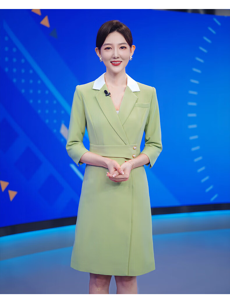 播音主持艺考服装女学生上镜绿色感职业连衣裙人正装演讲礼服西装裙