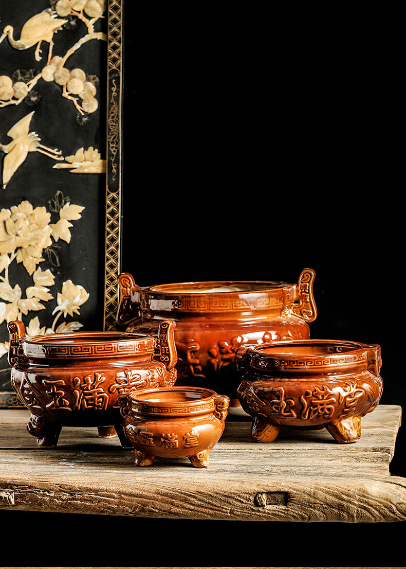 陶瓷三脚香炉碗家用供佛室内陶瓷供奉古铜色三足大香炉佛堂供奉炉礼品