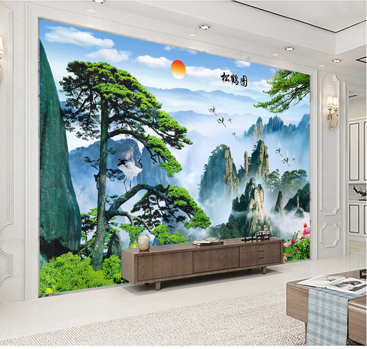 自粘画山水画风景壁纸客厅装饰画电视墙画创意背景墙壁画瓷青色590