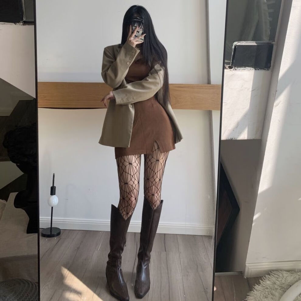 蜘蛛网袜黑丝吊带开档丝袜女性感渔网辣妹打底网格袜显瘦嘉轻蛛网黑色