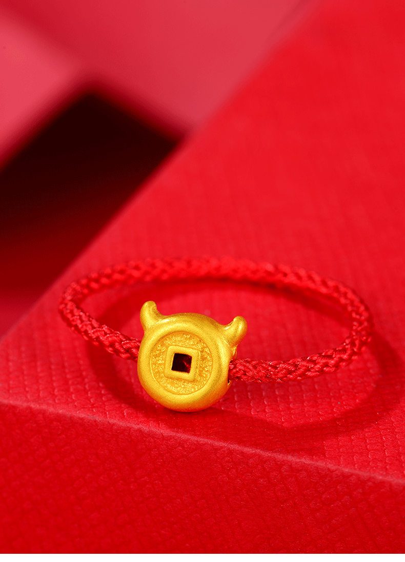 老凤凰牛年本命年足金生肖牛转运珠黄金戒指男女款编织绳指环3d硬金戒