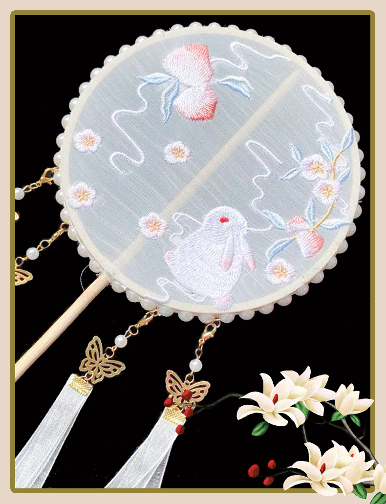 儿童古风汉服团扇女童手持古典舞蹈刺绣花古装拍摄道具中式扇子 玉兔