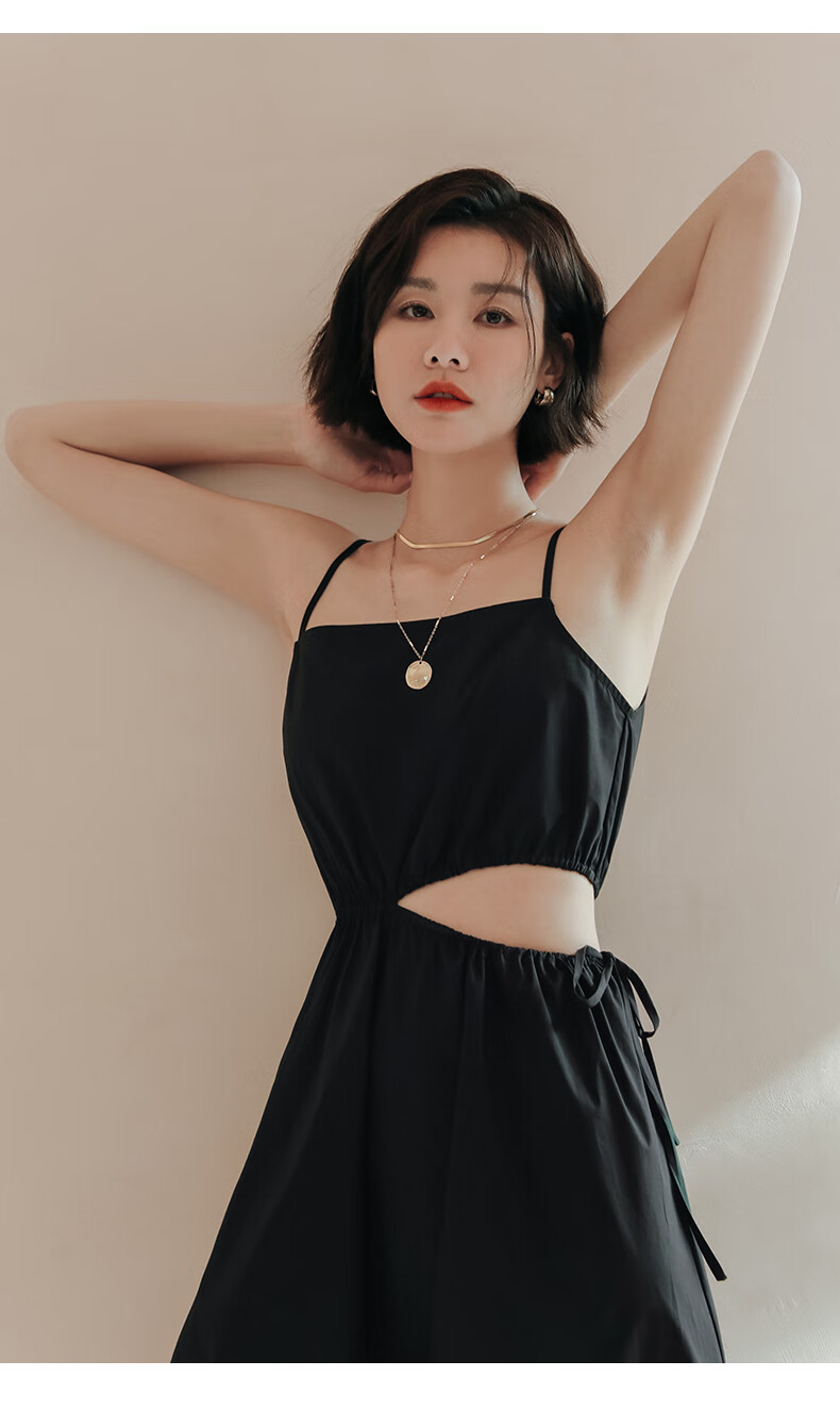 弥古一字领吊带裙女春夏黑色设计感镂空露腰连衣裙赫本风小黑裙子冷调