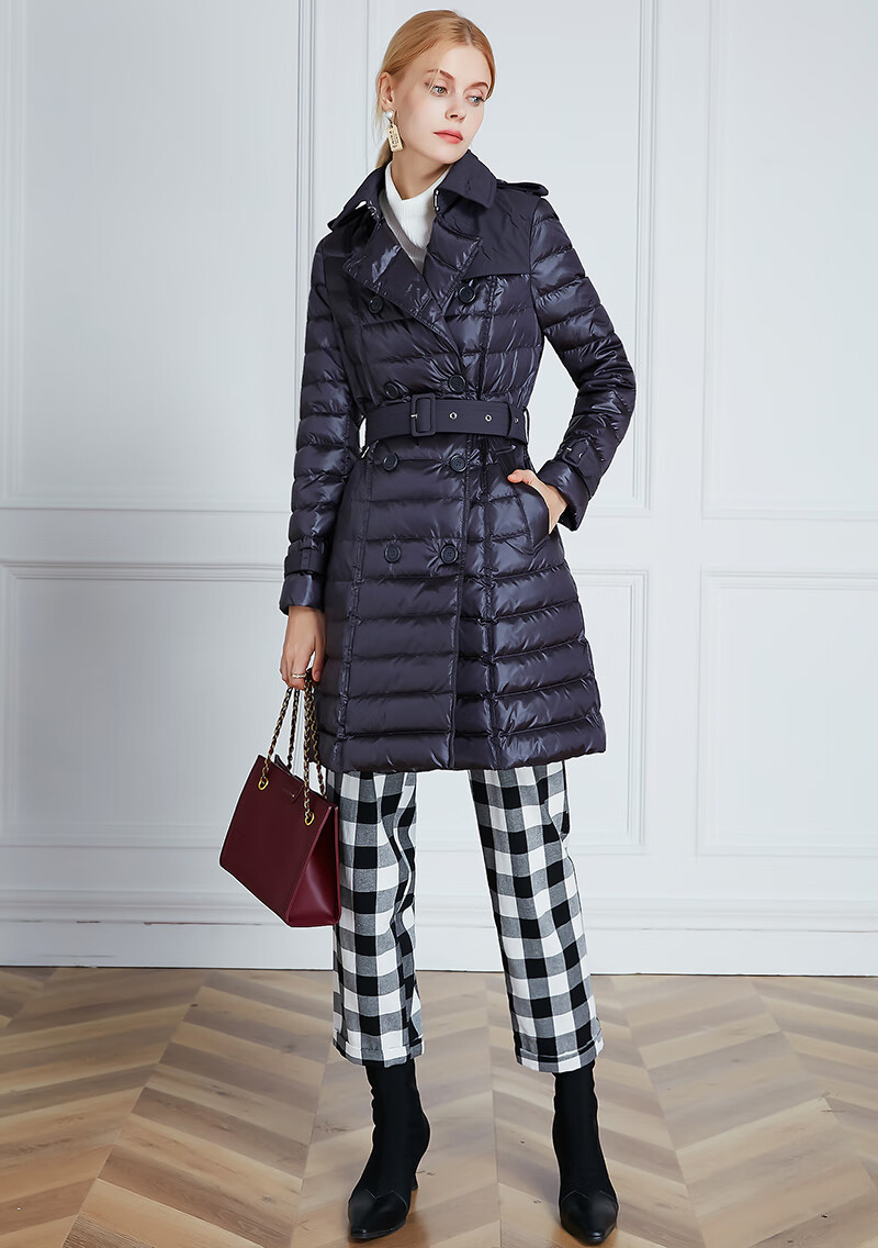 菲梦伊羽绒服女2020年新款秋冬双排扣系带收腰时尚白鸭绒轻薄外套