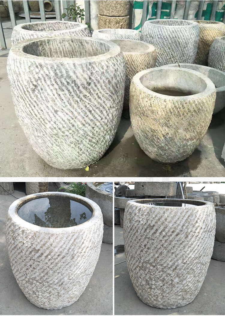 仿古石缸庭院养鱼石头鱼缸花盆大水缸石盆石槽圆形花园装饰石雕流水盆