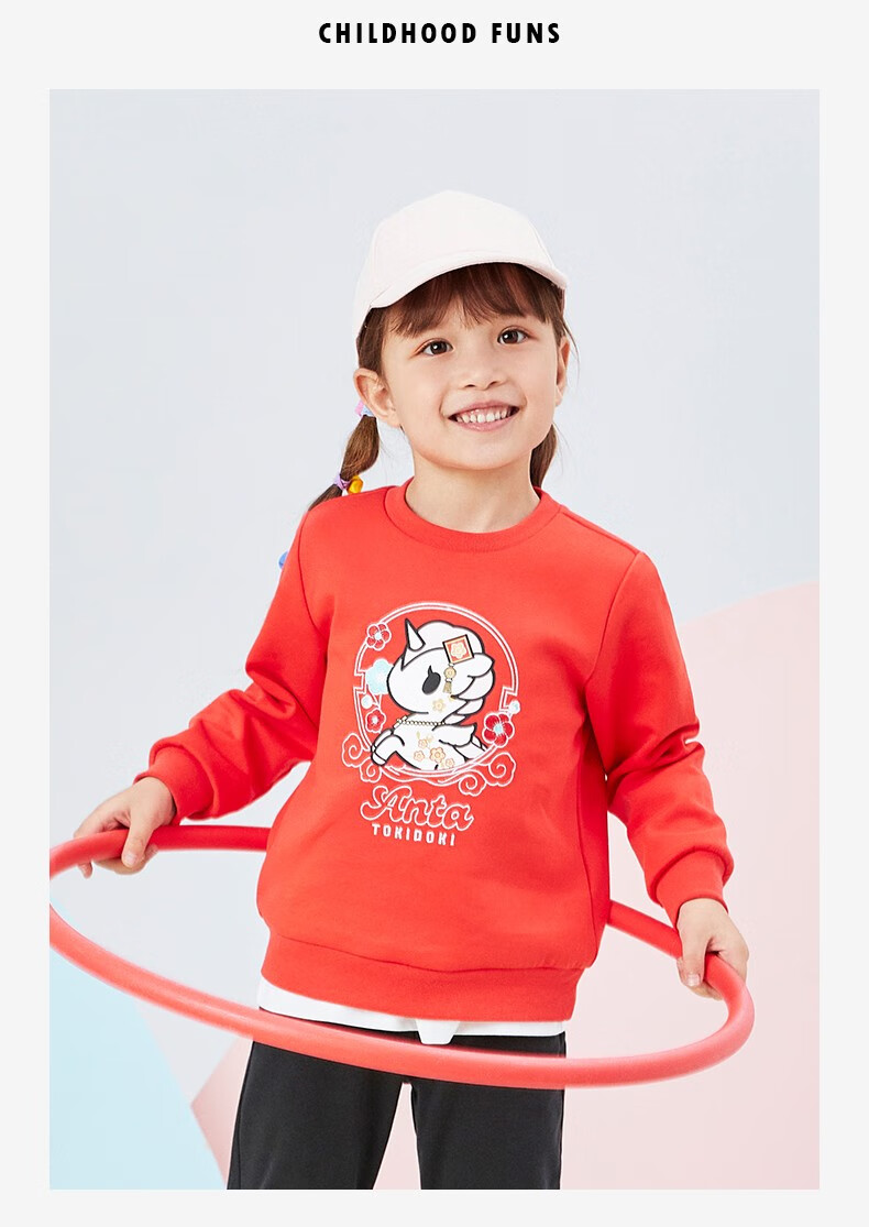 安踏儿童装2022年春季新款女童卫衣舒适透气儿童卫衣红色新年款小童