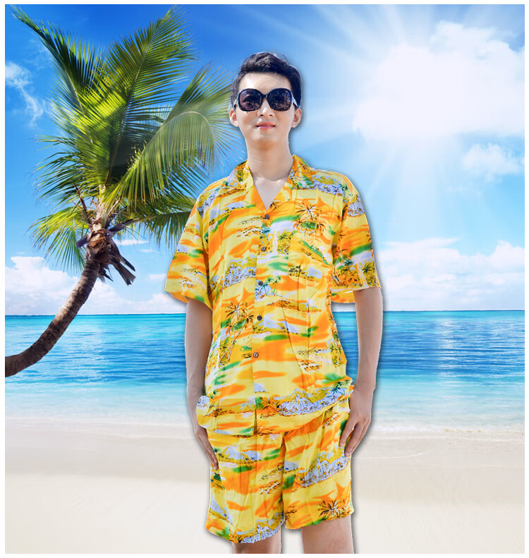 男士夏天海边衣服海南岛服沙滩服棉绸大码男夏三亚旅游印花运动家居服