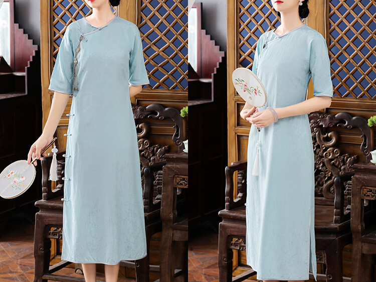 传统旗袍宽松版单层无领旗袍2022新款丝麻提花浅蓝色短袖长款简约纯色