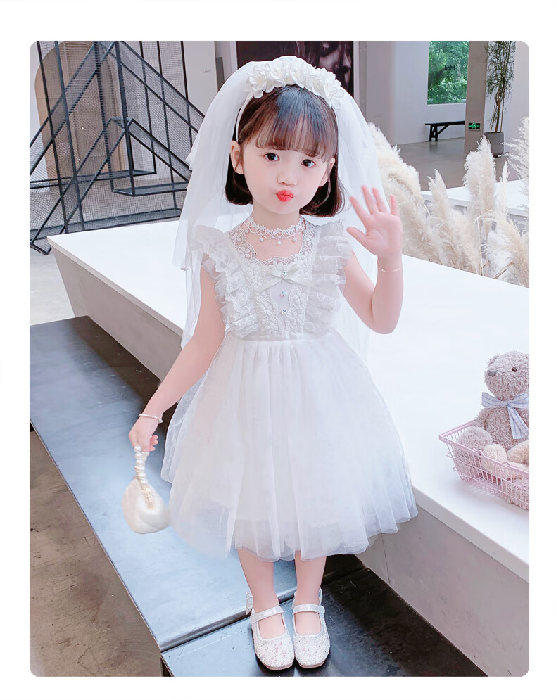 儿童纱裙连衣裙白色小公主裙礼服女童公主裙夏女孩裙子夏装露肩露背白