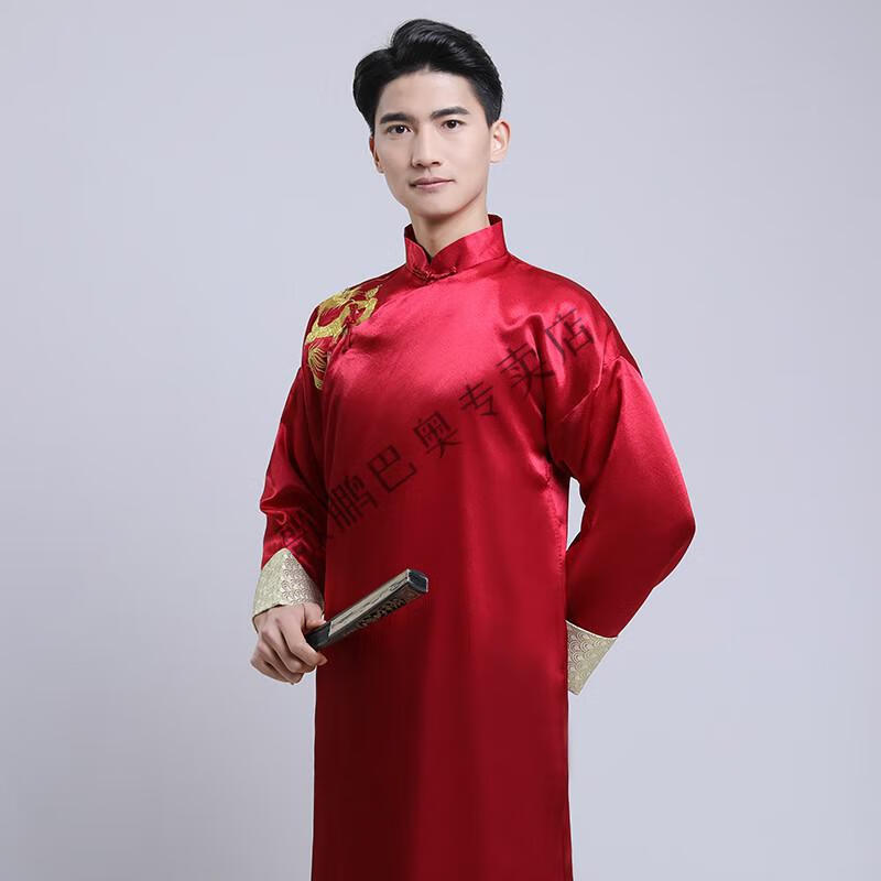 相声大褂服长衫男中国风中式伴郎绣花年会表演演出服长袍马褂民国服装