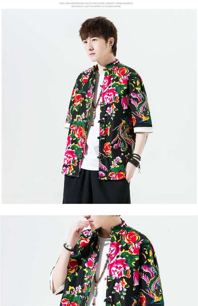 衣服夏季中国风男装东北大花短袖花衬衫男大码民族风服装盘扣青年唐装