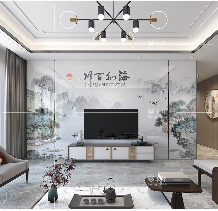 岩板背景墙山水画电视背景墙新中式客厅瓷砖微晶石大理石造型装饰影视