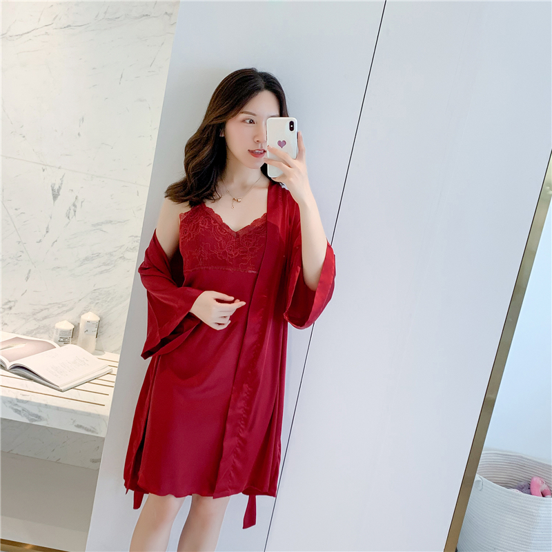 南极人真丝睡衣女春秋款性感吊带睡裙一字领抹胸两件套薄款冰丝夏季